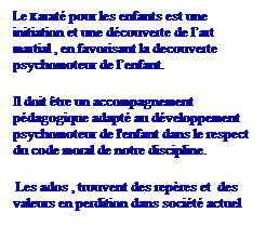 Zone de Texte: Le Karat pour les enfants est une initiation et une dcouverte de lart martial , en favorisant la decouverte psychomoteur de lenfant.      
Il doit tre un accompagnement pdagogique adapt au dveloppement psychomoteur de l'enfant dans le respect du code moral de notre discipline. 
 Les ados , trouvent des repres et  des valeurs en perdition dans socit actuel 
 
 
